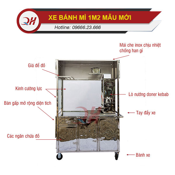 Cấu tạo chi tiết xe bánh mì Quang Huy 1m2 mẫu mới