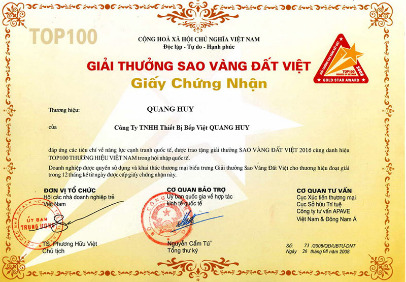Quang Huy đã nhận được nhiều giải thưởng đặc biệt Giấy chứng nhận chất lượng sản phẩm bếp việt Quang Huy
