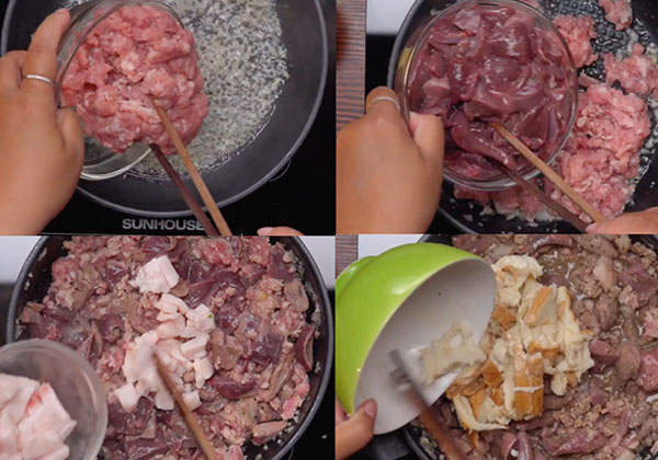 Cho nguyên liệu vào xào làm pate gan heo