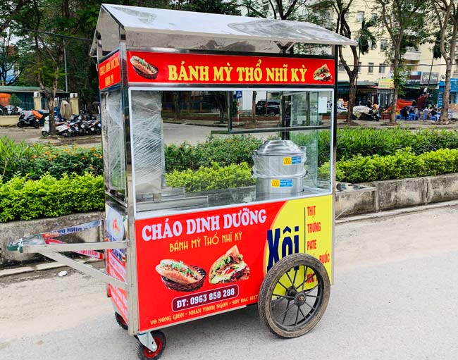 Xe đẩy bán bánh mì xôi có mái, xe bán bánh mì xôi