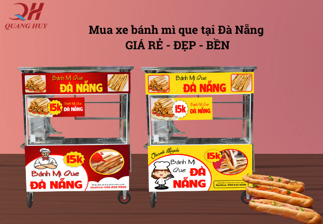 Gọi điện đến Quang Huy mua sản phẩm giá rẻ, Xe bán bánh mì que decal nâu, mua xe bánh mì tại Đà Nẵng uy tín
