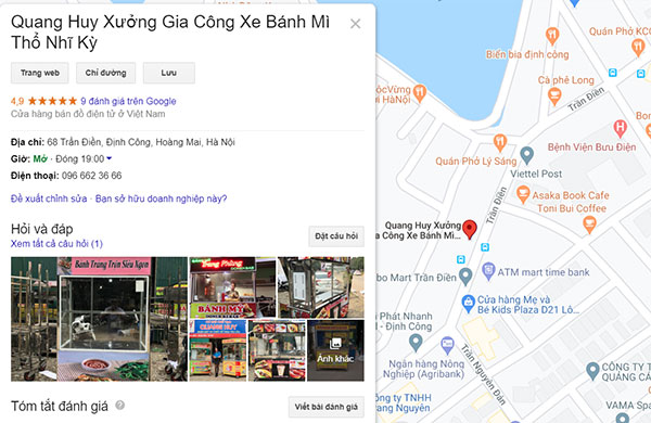 Đánh giá xe bánh mì Quang Huy trên Google Map