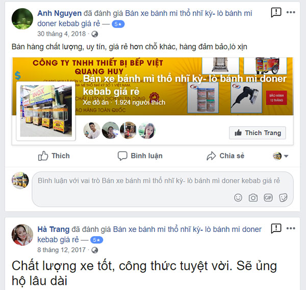 Đánh giá xe bánh mì Quang Huy trên facebook