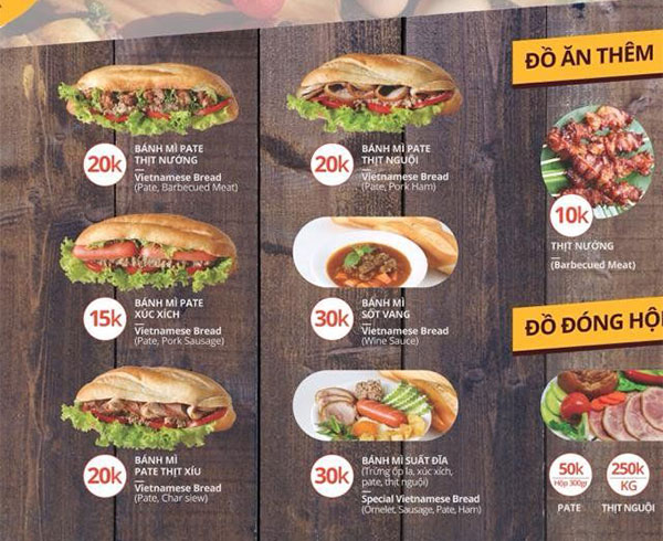 Menu bánh mì kẹp phong phú