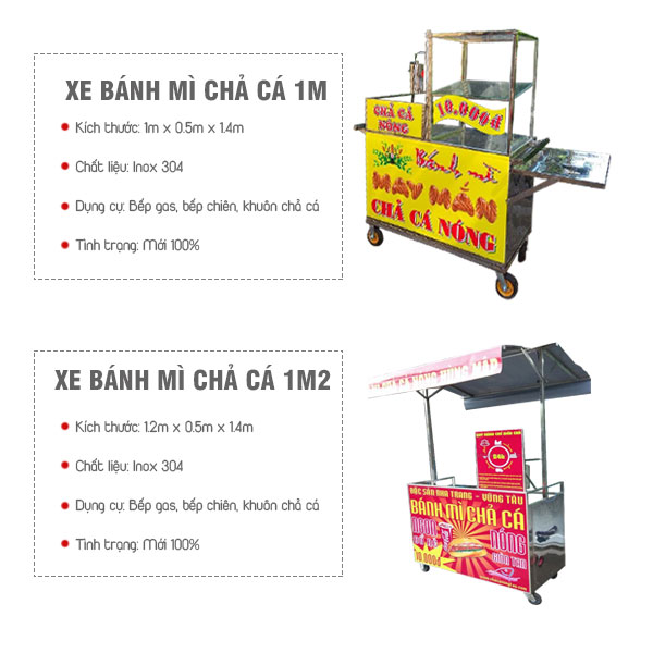 Xe bánh mì chả cá mini 1m, 1m2 Quang Huy